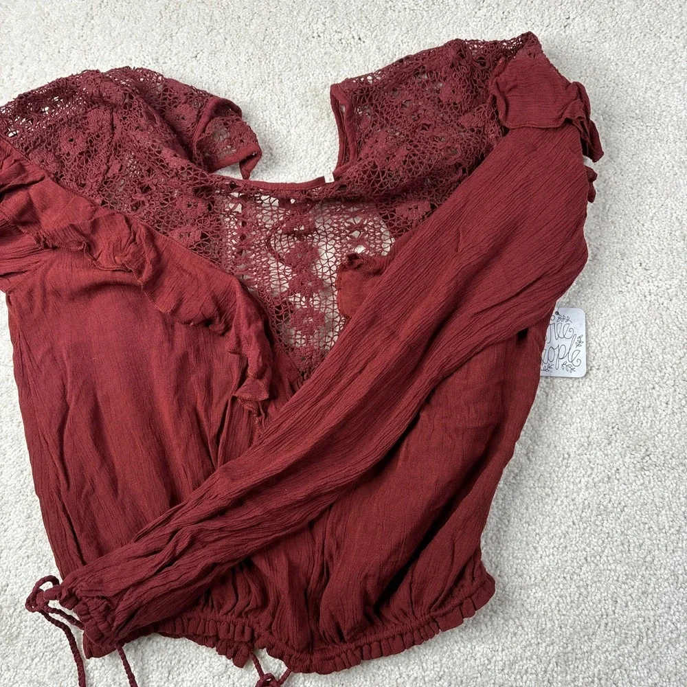 Free People Top Women's Size Small Maroon Lace‎ Open Back Long Sleeve Tie NWT